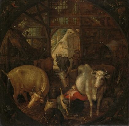 Cows in a stable; witches in the four corners (1615)