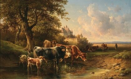 Cows near a Watering Place, in the Background a Castle (1889)