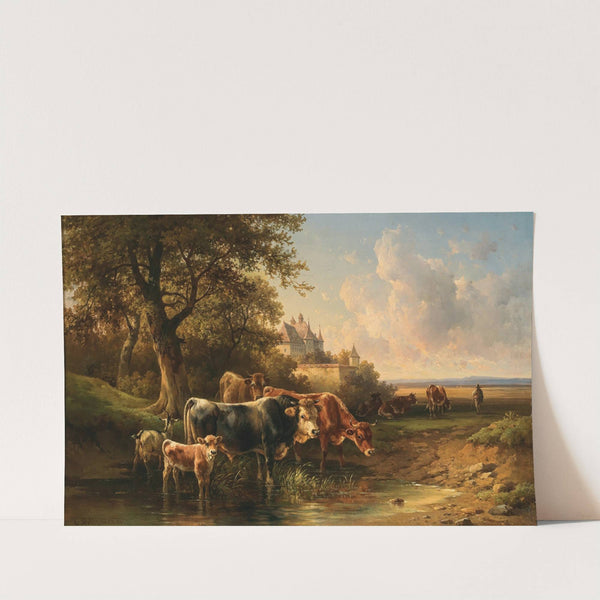 Cows near a Watering Place, in the Background a Castle (1889) by Edmund Mahlknecht