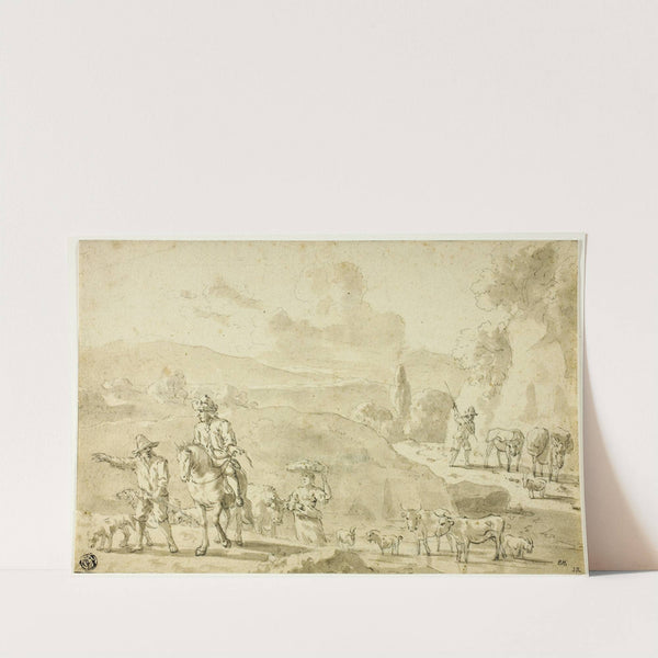 Cows, Sheep, Goats Being Herded, Herdsman Giving Directions to Traveler on Horseback by Abraham Jansz. Begeyn