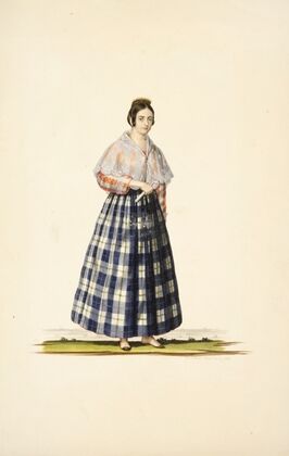 Woman in blue and green plaid skirt, orange and white striped shirt, white shawl; holding closed fan (1843)
