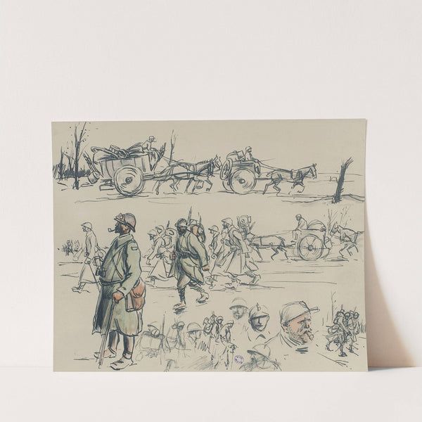 Croquis de soldats et d’attelages sur trois registres (1915-1916) by Georges Goursat (Sem)