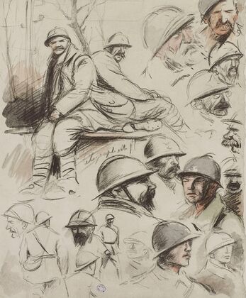 Croquis de têtes et de deux télégraphistes