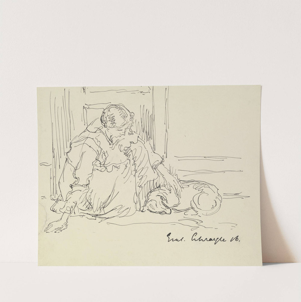 Crouching girl with dog by Gustav Schraegle