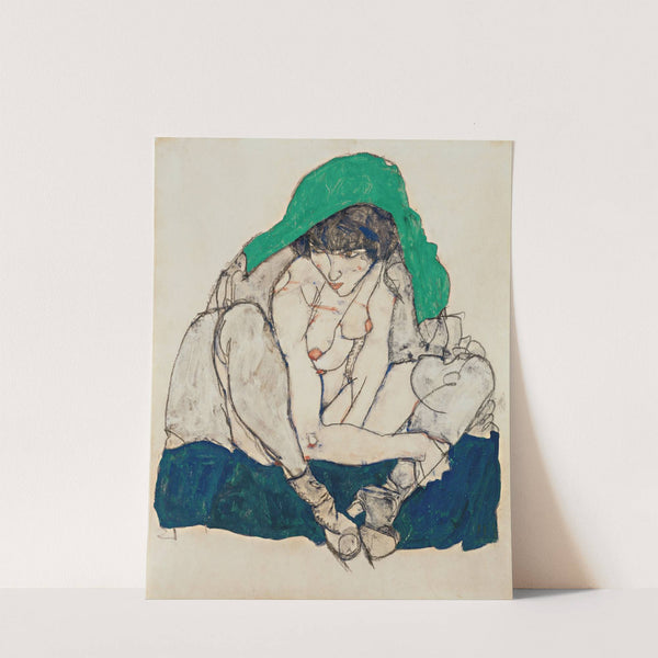 Crouching Woman with Green Headscarf (1914) by Egon Schiele