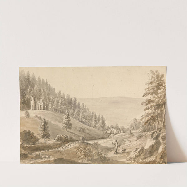 Crowcombe Court: a gentleman with his dog walking by the river by Coplestone Warre Bampfylde