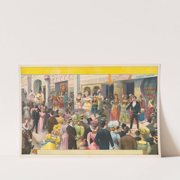 Crowds at a circus sideshow viewing women and some men dressed in costumes of foreign lands (1900) by Courier Litho. Co.
