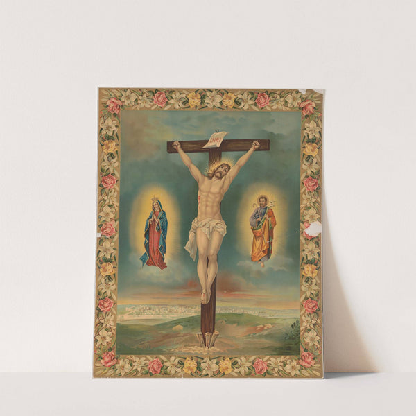 Crucifix with saints and flower garland frame (1896) by Calvert Litho. Co
