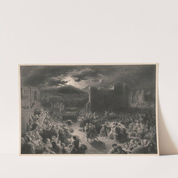 Crucifixion scene in stormy, dark town with crowds and Roman soldiers surrounding two men by Gustave Doré