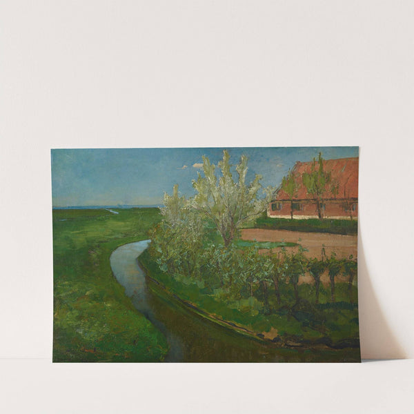 Curved Irrigation Ditch Bordering Farmyard with Flowering Trees (1902) by Piet Mondrian