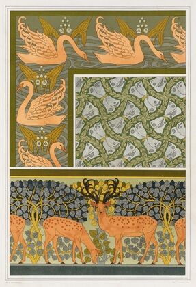 Cygnes et sagittaire, bordure. Pappillons et feuillages, étoffe. Cerfs et biches, frise.
