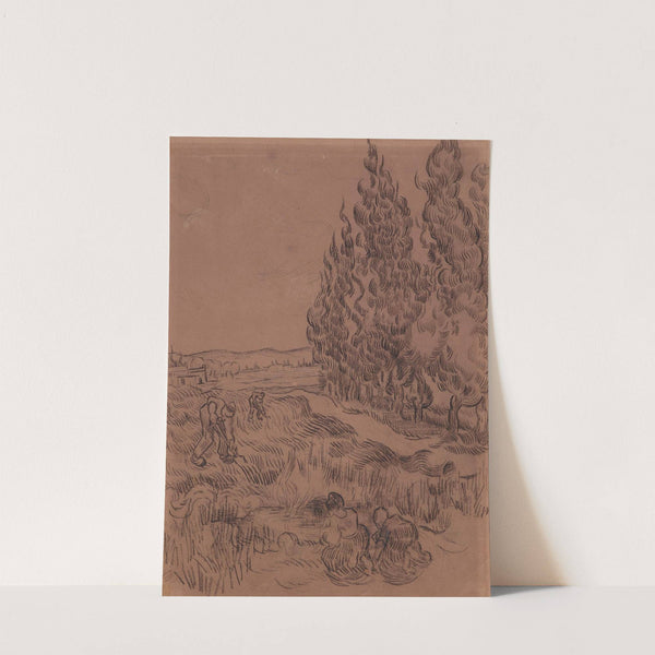 Cypresses with four people working in the field (1889) by Vincent van Gogh