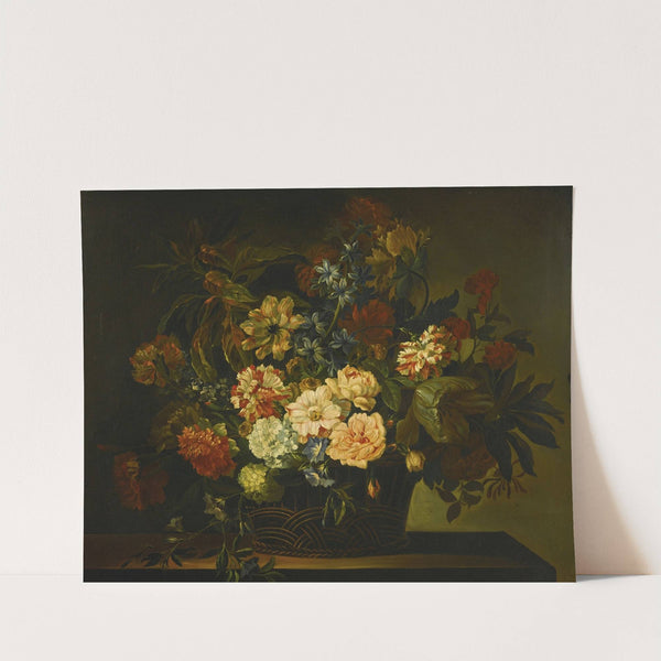 Dahlias, Tulips, Honeysuckle and other flowers in a basket on a table by Jean-Baptiste Monnoyer