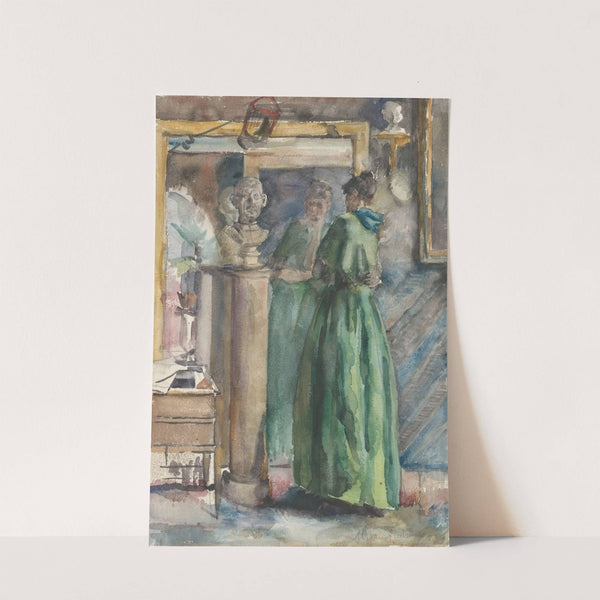 Dame in groene japon staande voor een spiegel by Martinus van Andringa