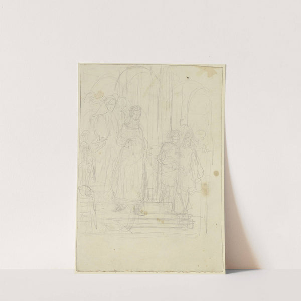 Dame mit Gefolge schreitet eine Treppe herab, rechts zwei Männer by Philipp Winterwerb