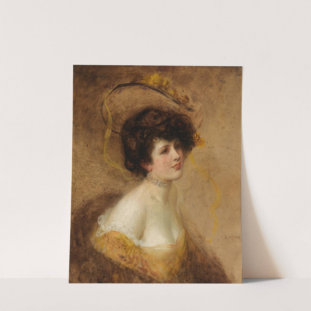 Dame mit Hut in gelbem Kleid by Eduard Veith