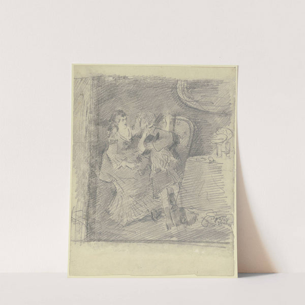 Dame und Herr mit Kind auf einem Sofa, daneben Tisch mit Glas und Fruchtschale by Wilhelm Trübner