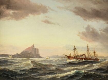 Dampfschiff vor dem Fels von Gibraltar