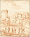 Dancers and Musicians Before Village with Ruined Tower