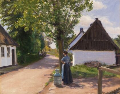 Dänische Dorfstraße mit Bäuerin und Milchmann