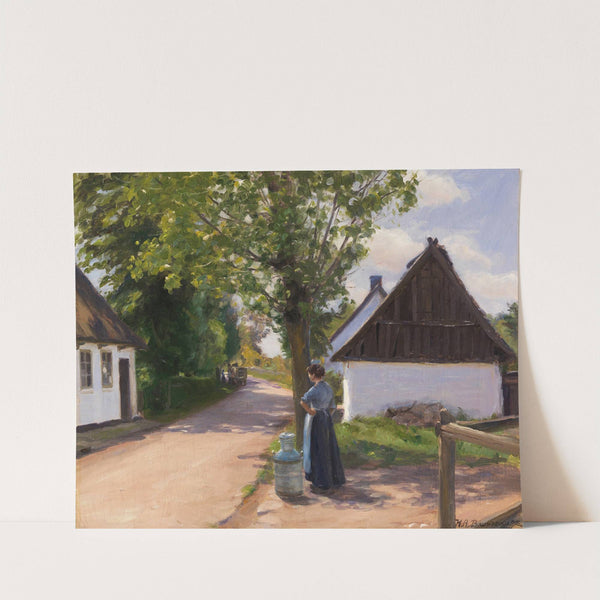 Dänische Dorfstraße mit Bäuerin und Milchmann by Hans Andersen Brendekilde