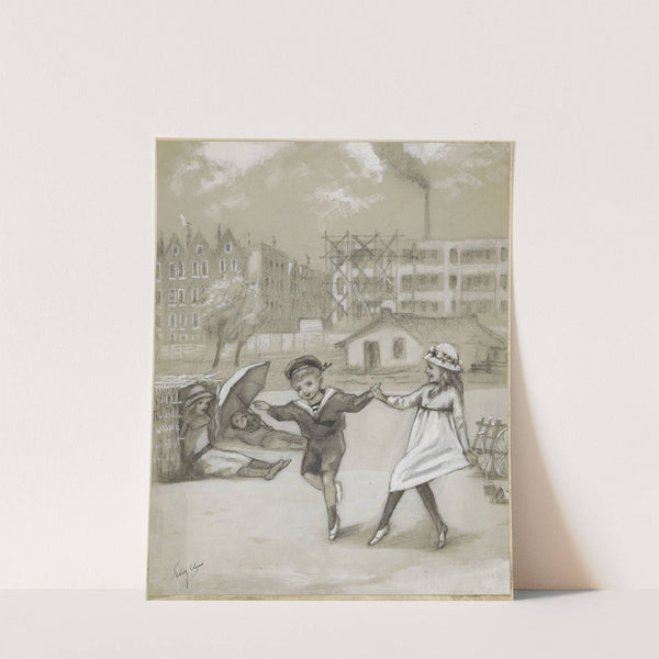 Dansende jongen en meisje in een stadspark of speeltuin by Felix Hess