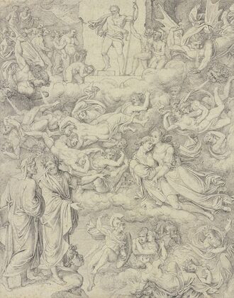 Dante und Vergil erblicken Paolo und Francesca, oben der Höllenrichter Minos