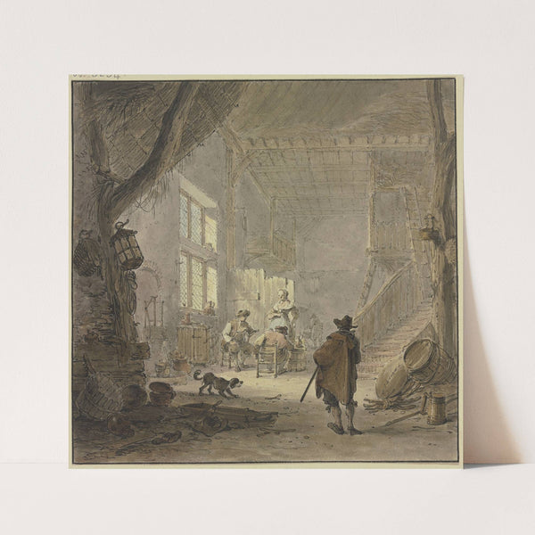 Das Innere eines Hauses, am Fenster zwei Männer und eine Frau, im Vordergrund ein Mann von hinten by Hendrik Meyer