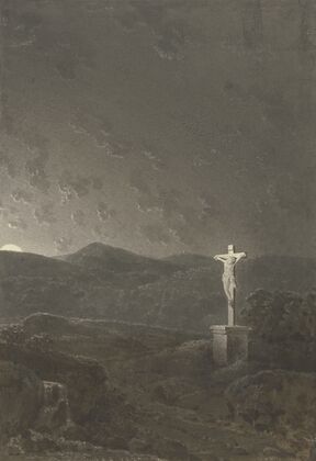 Das Kruzifix am Gebirge bei aufgehendem Mond