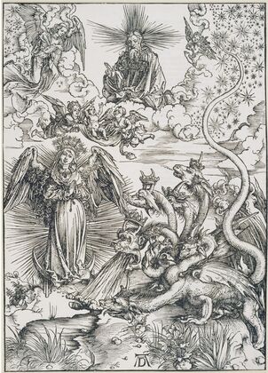 Das Sonnenweib und der siebenköpfige Drache, aus der Folge der Apokalypse, Latein-Ausgabe 1511