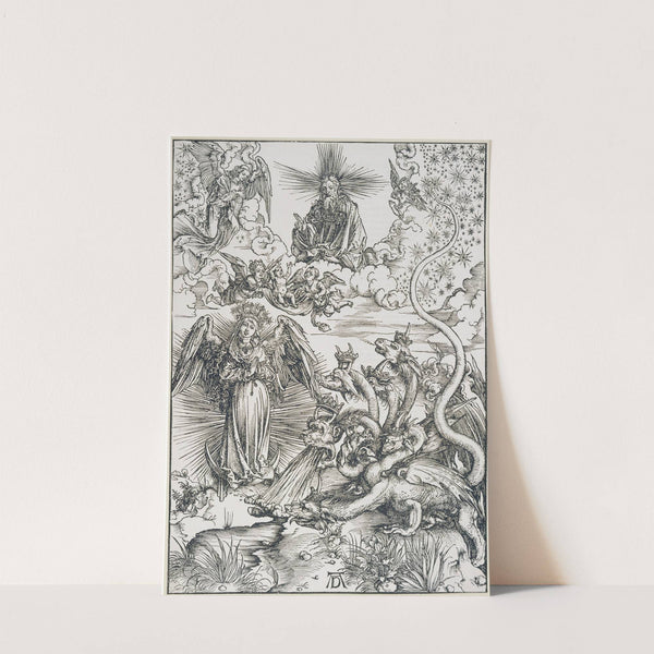 Das Sonnenweib und der siebenköpfige Drache, aus der Folge der Apokalypse, Latein-Ausgabe 1511 (ca. 1497) by Albrecht Dürer