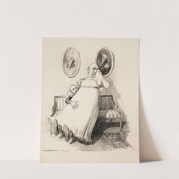 Dave Hill, dressed as a woman, weeps and sits on the lap of a man (1904) by William Henry Walker