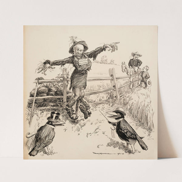 David B. Hill depicted as a scarecrow with a sign that he is a Democrat (1904) by William Henry Walker