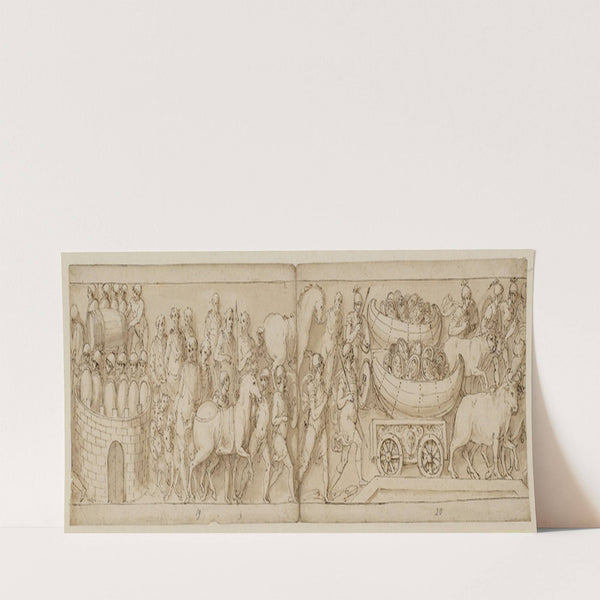 De belejrede romere modtager forstærkninger fra den anden side; romerne på march med kejseren; både med skjolde trækkes over en bro i oksekærrer by Giovanni Guerra