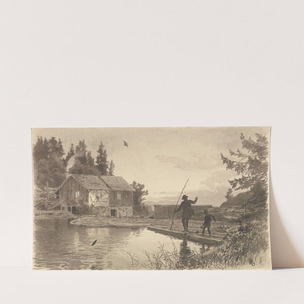 – de glatte stokkene husket, så vannet skvalpet over for hvert skritt (1878) by Hans Gude