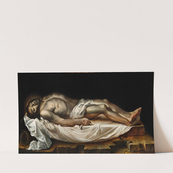 Dead Christ laid on a white cloth with the Crown of Thorns and nails by Joseph Hermann