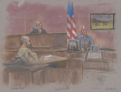 Defendant Nidal Malik Hasan during his court martial with witness Stephen Bennett and judge