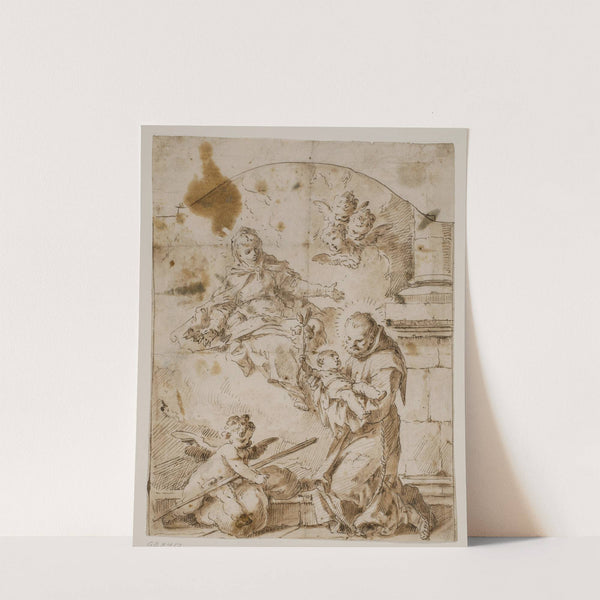 Den hellige Antonius af Padova knælende med Jesusbarnet i sine arme, mens Jomfru Maria og engle åbenbarer sig i skyen by Pietro Antonio Novelli