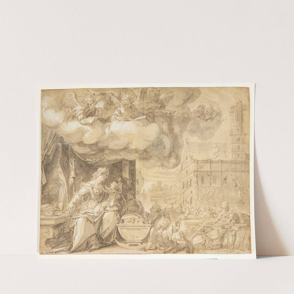 Den hellige familie Fo syngende engle I baggrunden Michaelskirken i München til hvis tårn engle bringer byggemateriale by Friedrich Sustris