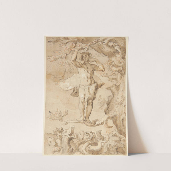 Den menneskelige glædes skrøbelighed En mand, der jages af en drage, klynger sig til en gren, mens han slikker honning af sin finger by Abraham Bloemaert