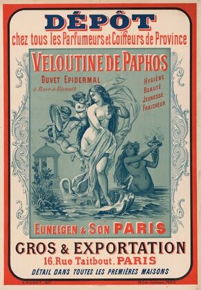Dépôt chez tous les parfumeurs et coiffeurs de province. Veloutine de Paphos (1893)