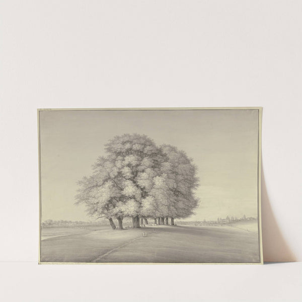 Der Grindbrunnen in Frankfurt am Main, große Baumgruppe auf einer Wiese mit Viehherde, unter den Bäumen Bänke, Tische und Figuren by Christian Georg Schütz the Younger