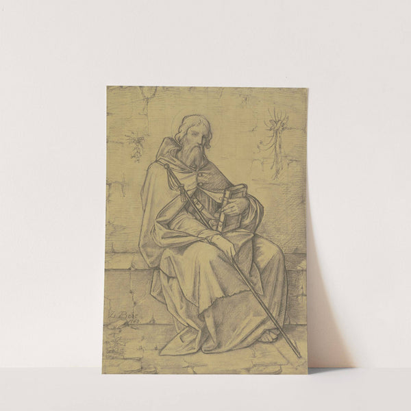 Der Heilige Thomas von Aquin in ganzer Figur an alten Gemäuern sitzend by Leopold Bode