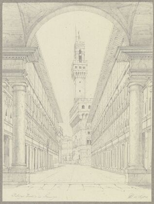 Der Palazzo Vecchio in Florenz vom Hof der Uffizien aus gesehen