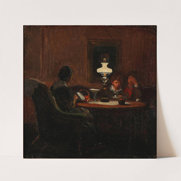 Der sysles i petroleumslampens skær (1874) by Viggo Johansen