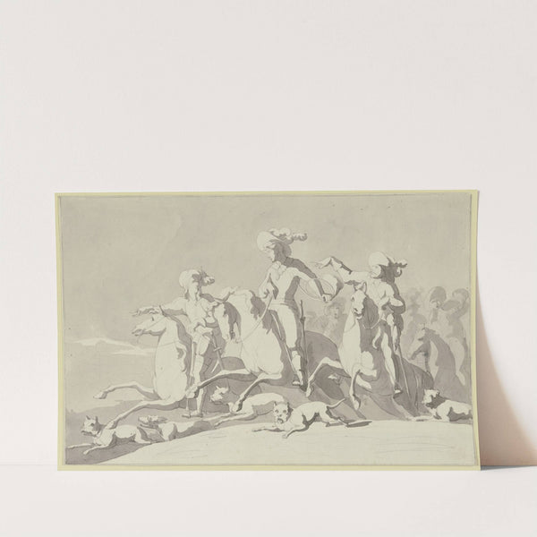 Der wilde Reiter; Drei Reiter mit Gefolge nach links springend, mit fünf Hunden by Franz Pforr