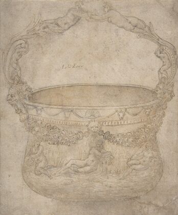 Design for a Bucket-Like Vessel with a Handle of Interlaced Figures, on a Body Adorned with Bucrania, Garlands, and Three River Gods
