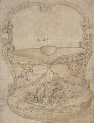 Design for a Bucket-Like Vessel with a Handle of Non-Figural Interlaces, on a Body Adorned with a River God and Two Putti