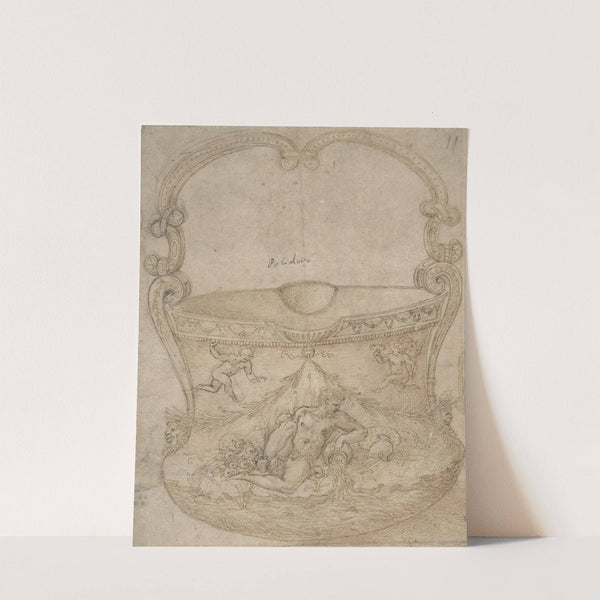 Design for a Bucket-Like Vessel with a Handle of Non-Figural Interlaces, on a Body Adorned with a River God and Two Putti by Girolamo Genga