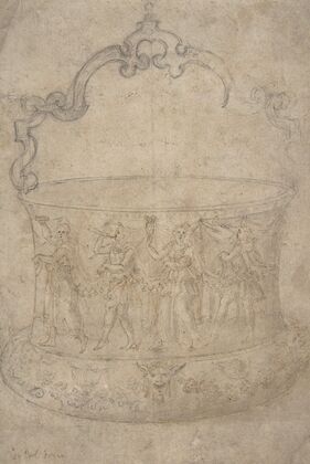 Design for a Bucket-Like Vessel with a Handle of Strapwork, on a Body Adorned with Dancing and Music-Making Antique-Style Figures